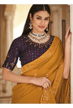 Yellow Chinnon Sequins Party Wear Saree