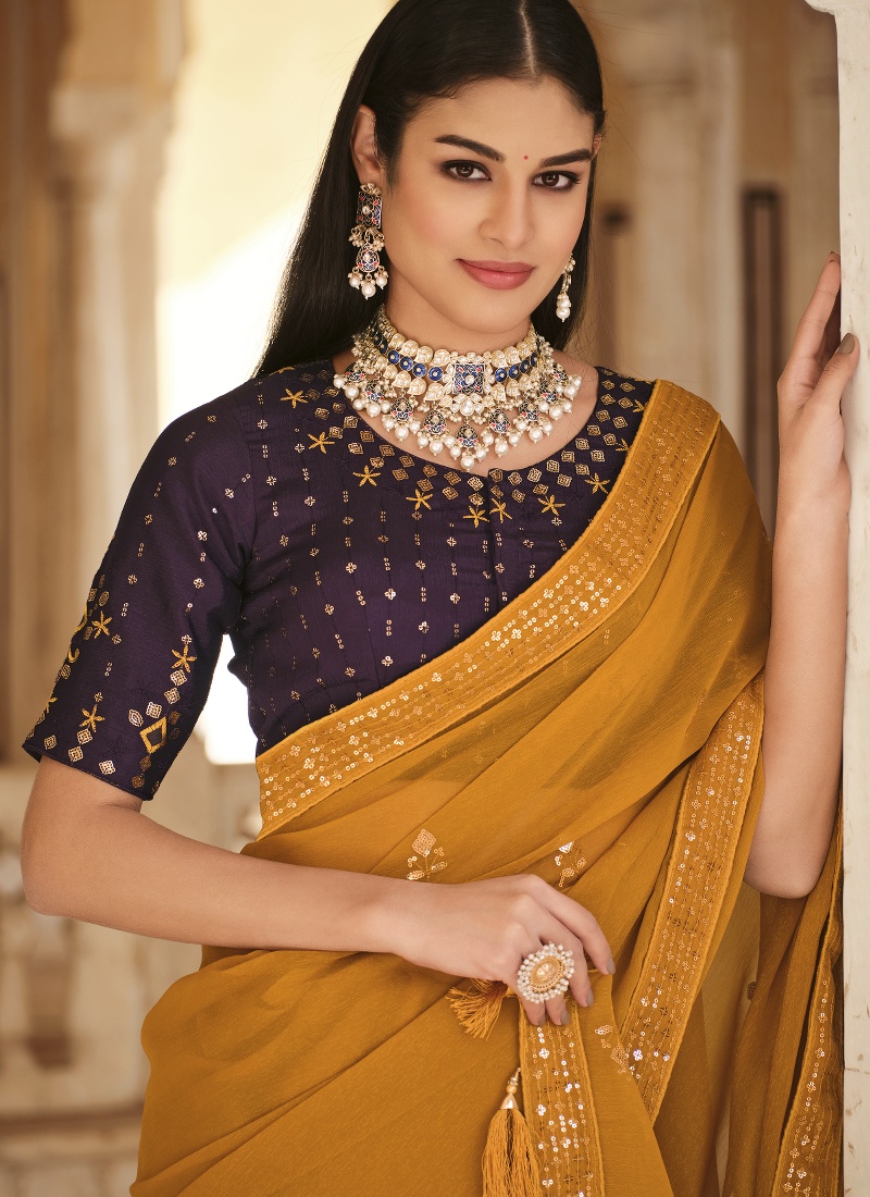 Yellow Chinnon Sequins Party Wear Saree