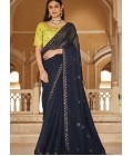 Navy Blue Chinnon Thread With Sequins Wedding Saree