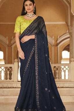 Navy Blue Chinnon Thread With Sequins Wedding Saree