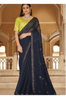Navy Blue Chinnon Thread With Sequins Wedding Saree