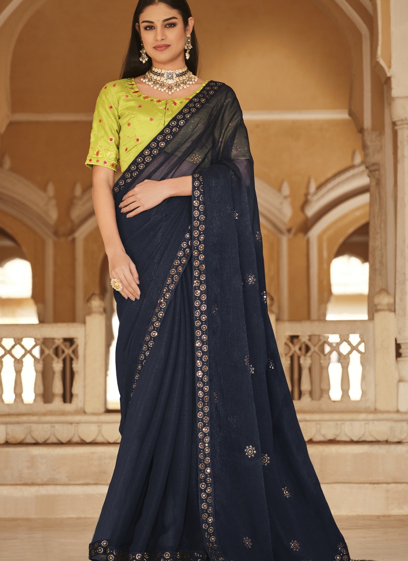 Navy Blue Chinnon Thread With Sequins Wedding Saree