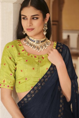 Navy Blue Chinnon Thread With Sequins Wedding Saree
