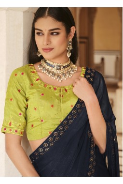 Navy Blue Chinnon Thread With Sequins Wedding Saree