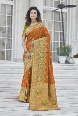 Orange Banarasi Silk Designer Saree 