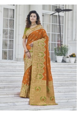 Orange Banarasi Silk Designer Saree 