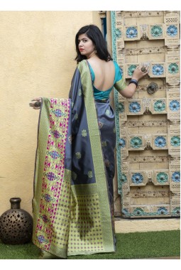 Grey Banarasi Silk Designer Party Wear Saree