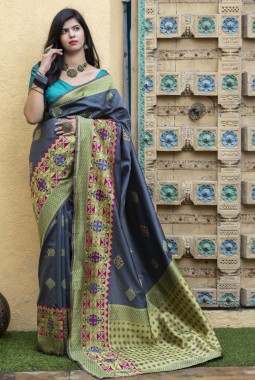Grey Banarasi Silk Designer Party Wear Saree