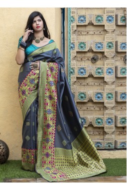 Grey Banarasi Silk Designer Party Wear Saree