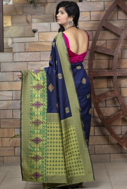 Navy Blue Banarasi Silk Designer Party Wear Saree