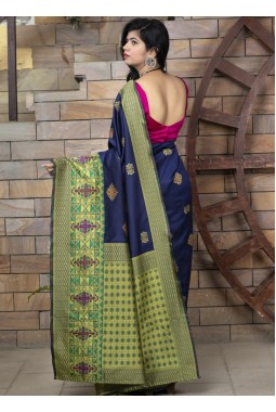 Navy Blue Banarasi Silk Designer Party Wear Saree
