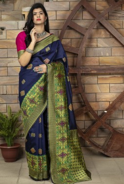Navy Blue Banarasi Silk Designer Party Wear Saree
