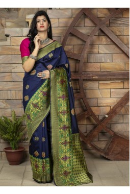 Navy Blue Banarasi Silk Designer Party Wear Saree