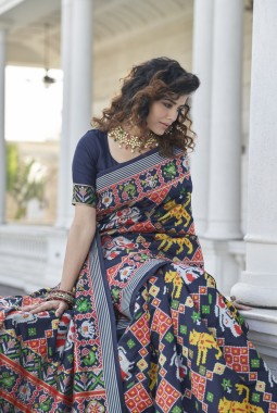 Navy Blue Patola Silk Designer Wedding Wear Saree