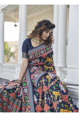 Navy Blue Patola Silk Designer Wedding Wear Saree