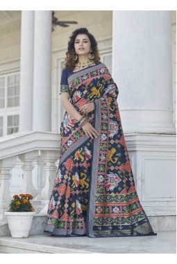Navy Blue Patola Silk Designer Wedding Wear Saree