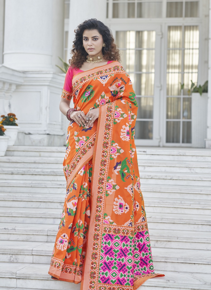 Orange Designer Patola Silk Wedding Wear Saree