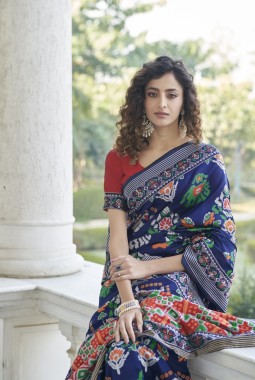 Navy Blue Designer Patola Silk Wedding Wear Saree