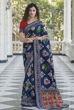 Navy Blue Designer Patola Silk Wedding Wear Saree