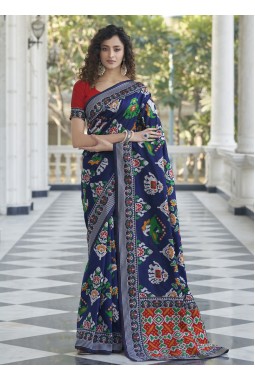 Navy Blue Designer Patola Silk Wedding Wear Saree