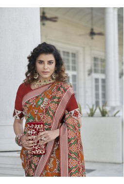 Orange Patola Silk  Designer Wedding Saree