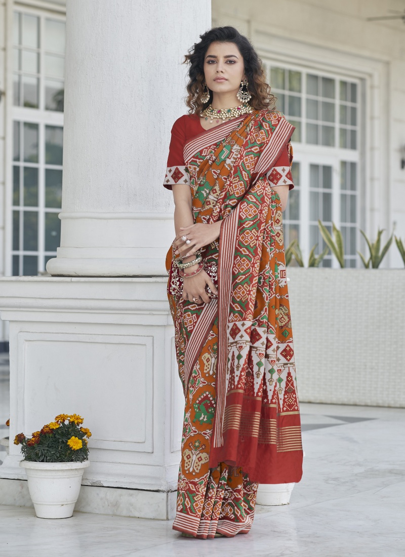 Orange Patola Silk  Designer Wedding Saree