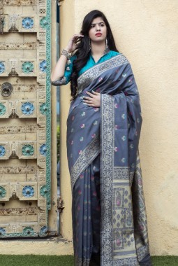 Grey Banarasi Silk Wedding Wear Saree