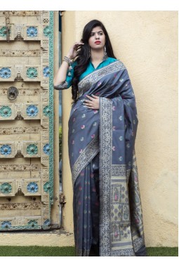 Grey Banarasi Silk Wedding Wear Saree