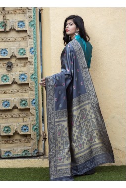 Grey Banarasi Silk Wedding Wear Saree