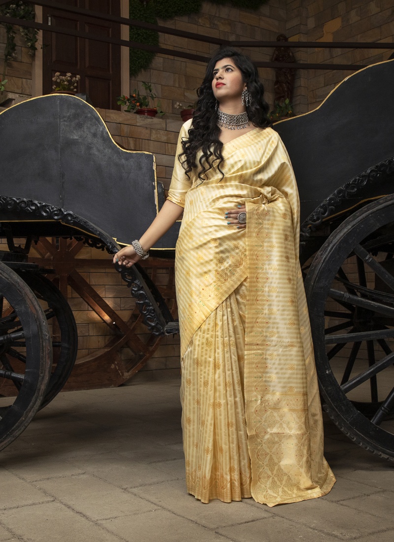 Off White Banarasi Silk Wedding Designer Saree