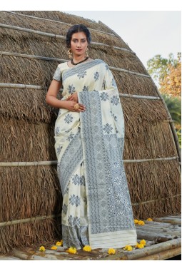 Off White Banarasi Silk Wedding Designer Saree