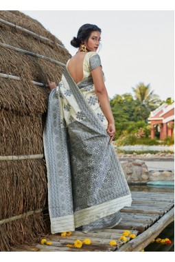 Off White Banarasi Silk Wedding Designer Saree