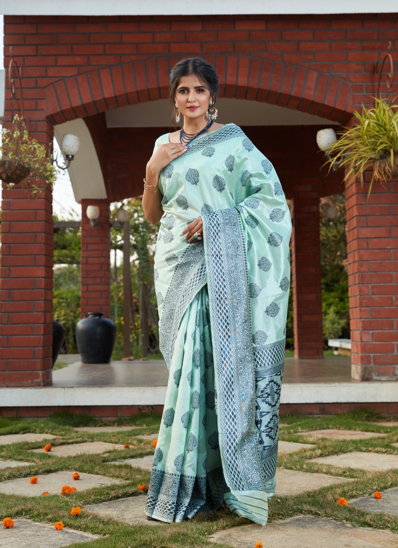Turquoise Blue Banarasi Silk Party Wear Designer Saree