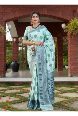 Turquoise Blue Banarasi Silk Party Wear Designer Saree
