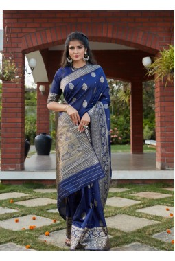 Navy Blue Banarasi Silk Designer Party Wear Saree
