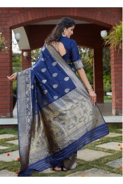 Navy Blue Banarasi Silk Designer Party Wear Saree