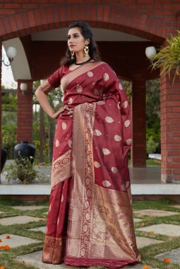 Wine Designer Wear Banarasi Silk Wedding Saree