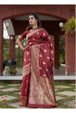 Wine Designer Wear Banarasi Silk Wedding Saree