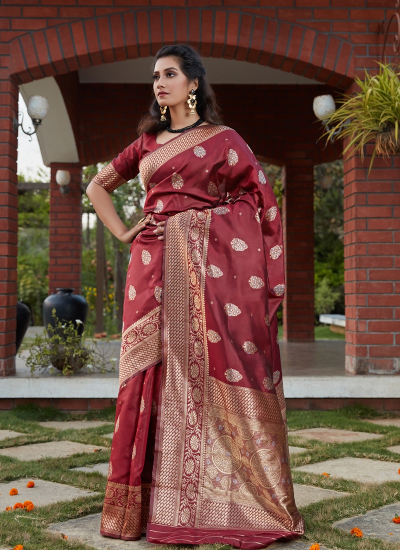Wine Designer Wear Banarasi Silk Wedding Saree