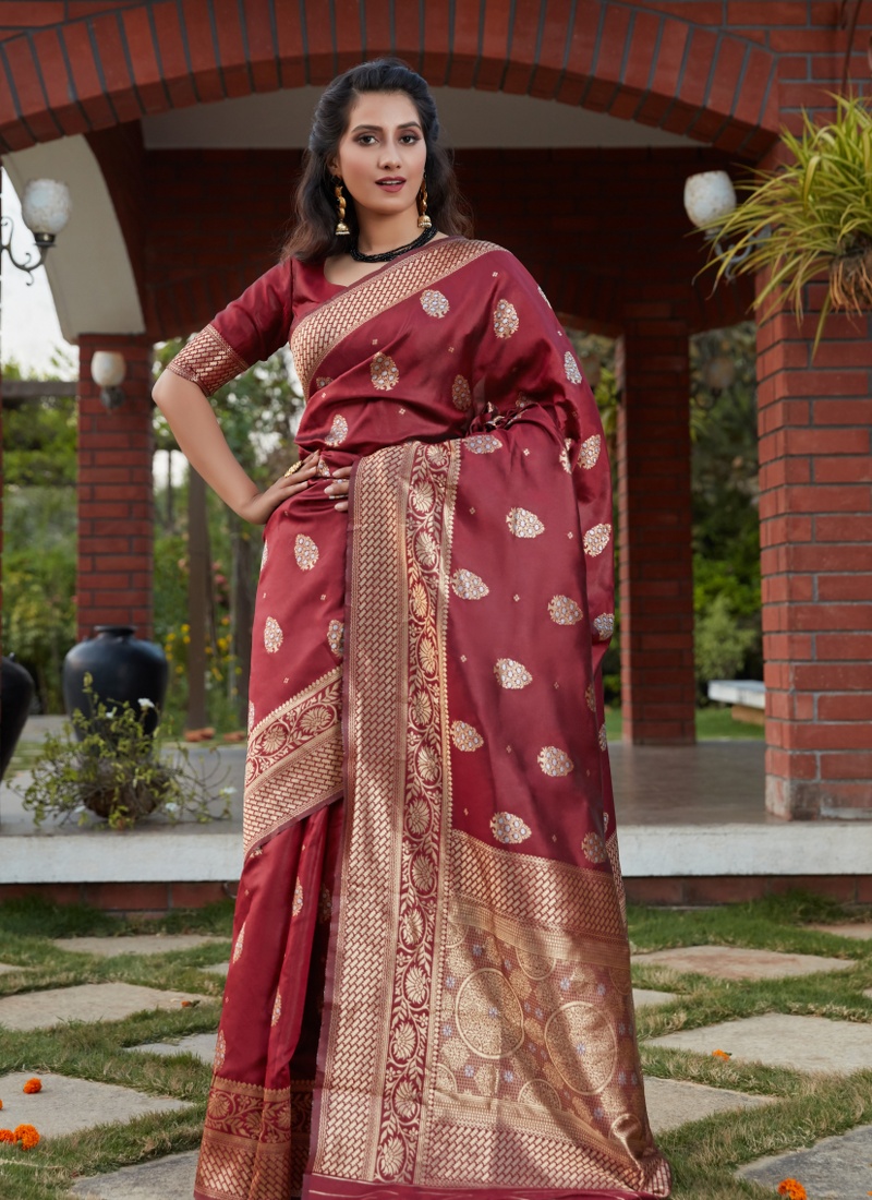 Wine Designer Wear Banarasi Silk Wedding Saree
