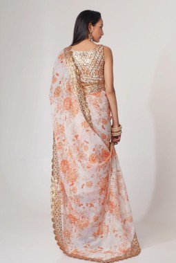 White Organza Digital Print Party Wear Saree