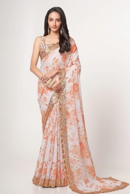 White Organza Digital Print Party Wear Saree