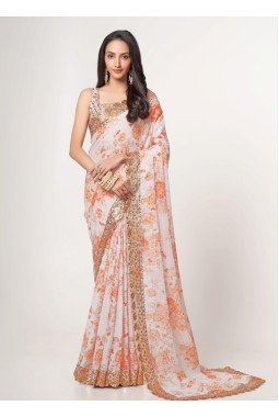 White Organza Digital Print Party Wear Saree
