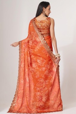 Orange Organza Embroidery Party Wear Saree