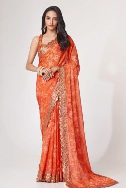 Orange Organza Embroidery Party Wear Saree
