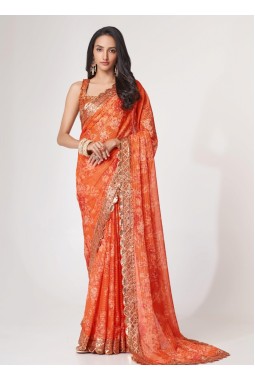Orange Organza Embroidery Party Wear Saree