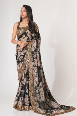 Black Organza Digital Print Party Wear Saree
