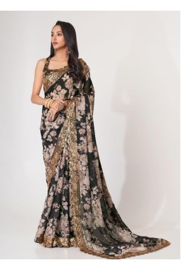 Black Organza Digital Print Party Wear Saree
