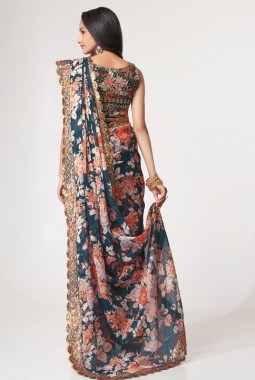 Dove Blue Organza Sequins Party Wear Saree