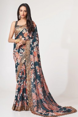 Dove Blue Organza Sequins Party Wear Saree